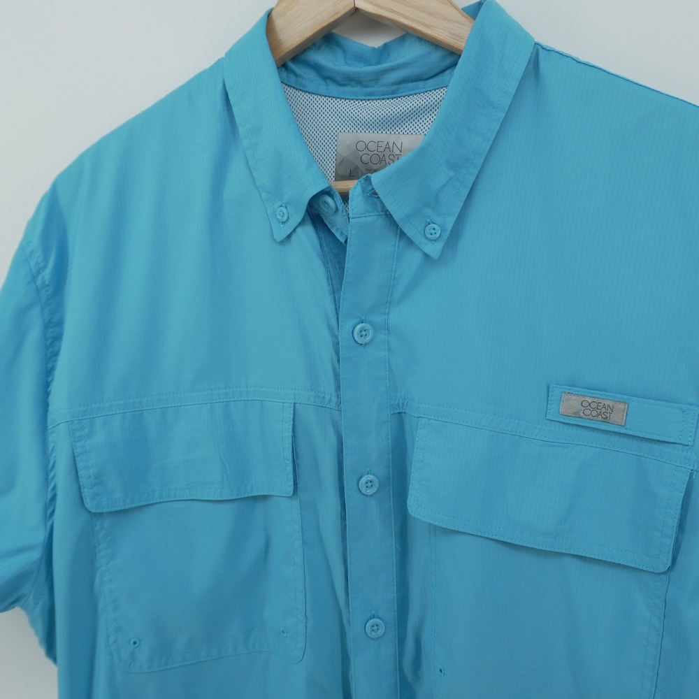 Ocean Coast Fishing Shirt Mens Large Blue Short Sleeve Vented Ripstop ButtonDown